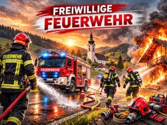 Freiwillige Feuerwehr im Einsatz bei einem brennenden Wohnhaus in einer alpinen Dorflandschaft mit Feuerwehrfahrzeug, Löschangriff und dramatischem Abendhimmel.