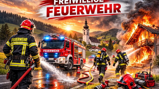Freiwillige Feuerwehr im Einsatz bei einem brennenden Wohnhaus in einer alpinen Dorflandschaft mit Feuerwehrfahrzeug, Löschangriff und dramatischem Abendhimmel.