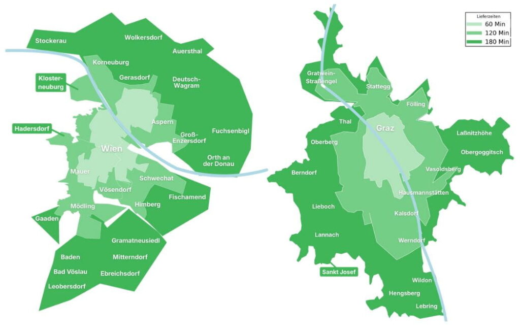 Im erweiterten Liefergebiet erhalten die Kunden ihre Bestellungen innerhalb von 120 bzw. 180 Minuten oder in einem gewünschten Zeitfenster von Montag bis Samstag.