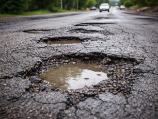 Das Bild zeigt eine stark beschädigte Asphaltstraße mit mehreren großen Schlaglöchern.